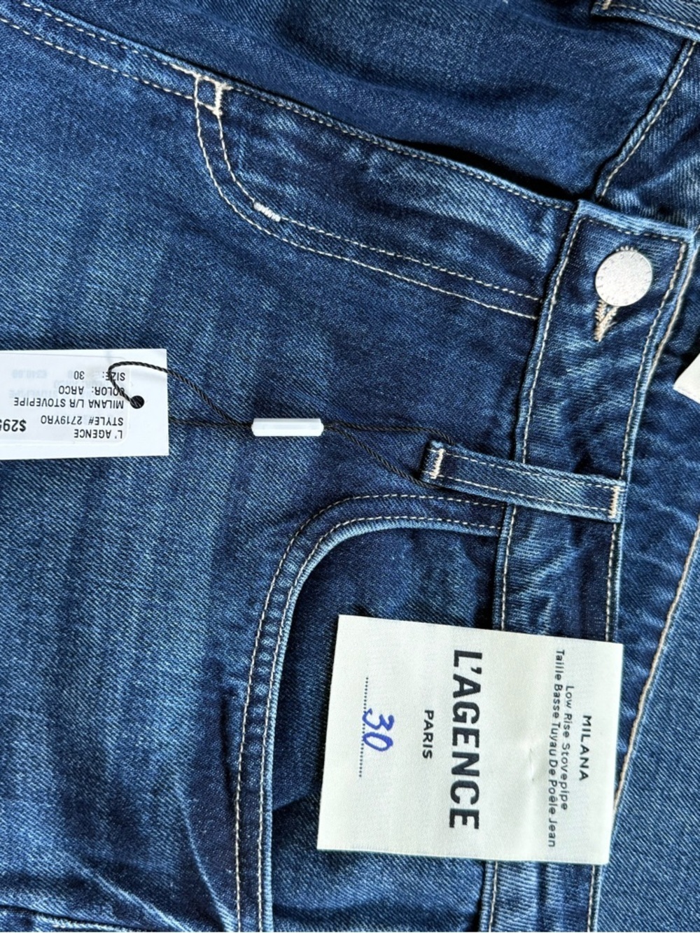 L’Agence Milana Low Rise Stovepipe Arco Blue Jeans Denim Fray NWT Size 30 $295 - Picture 5 of 6